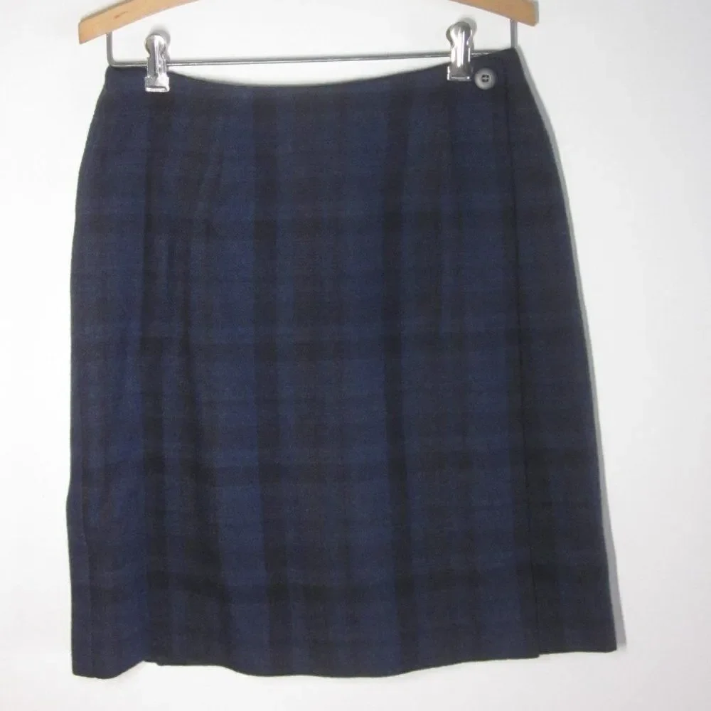 Talbots Blue Plaid Wool Skirt Womens Size 8 Wrap Style Vintage Skirt